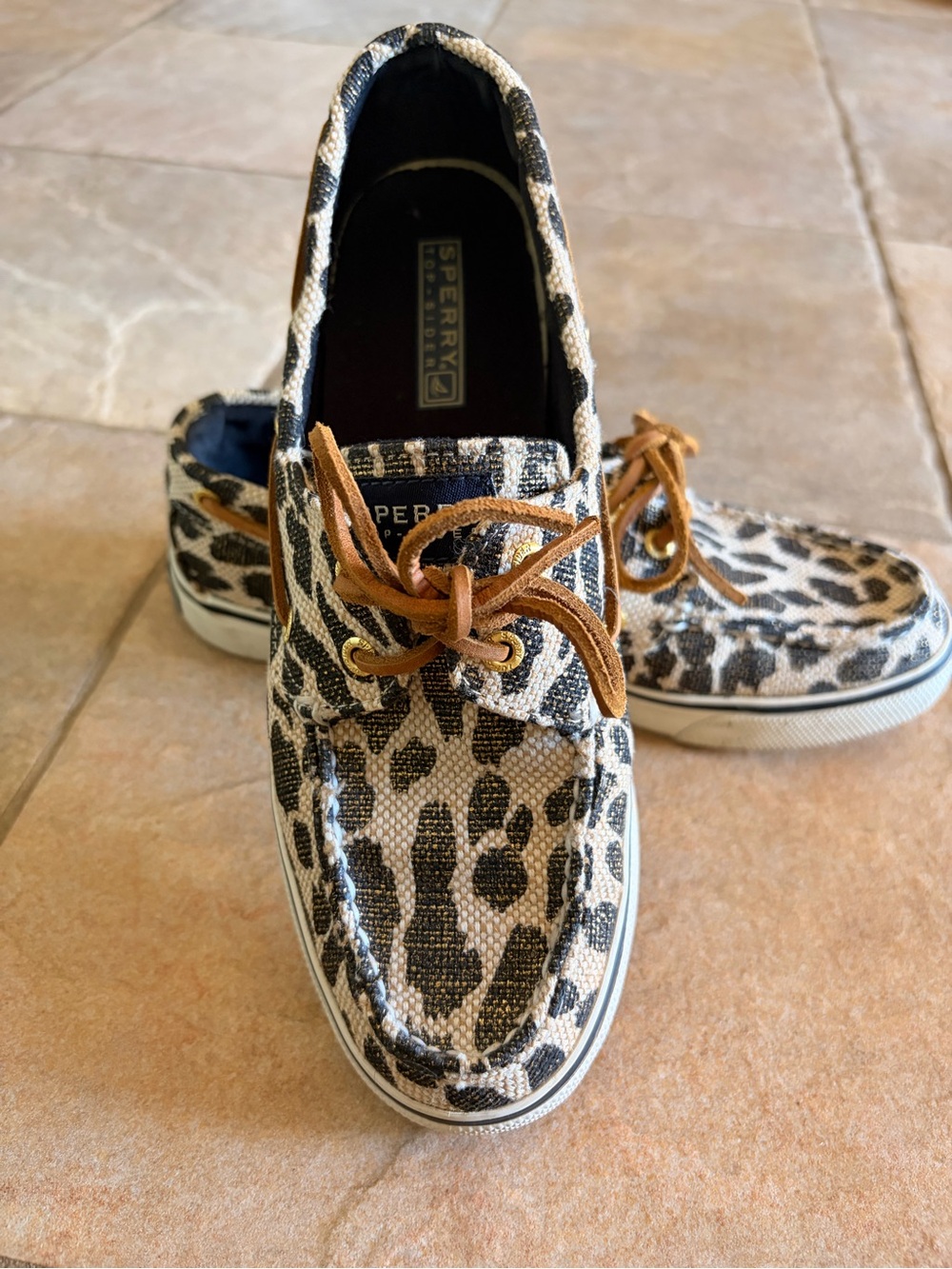 Sperry Leopard Print Canvas Boat Shoes with Brown Leather Laces
